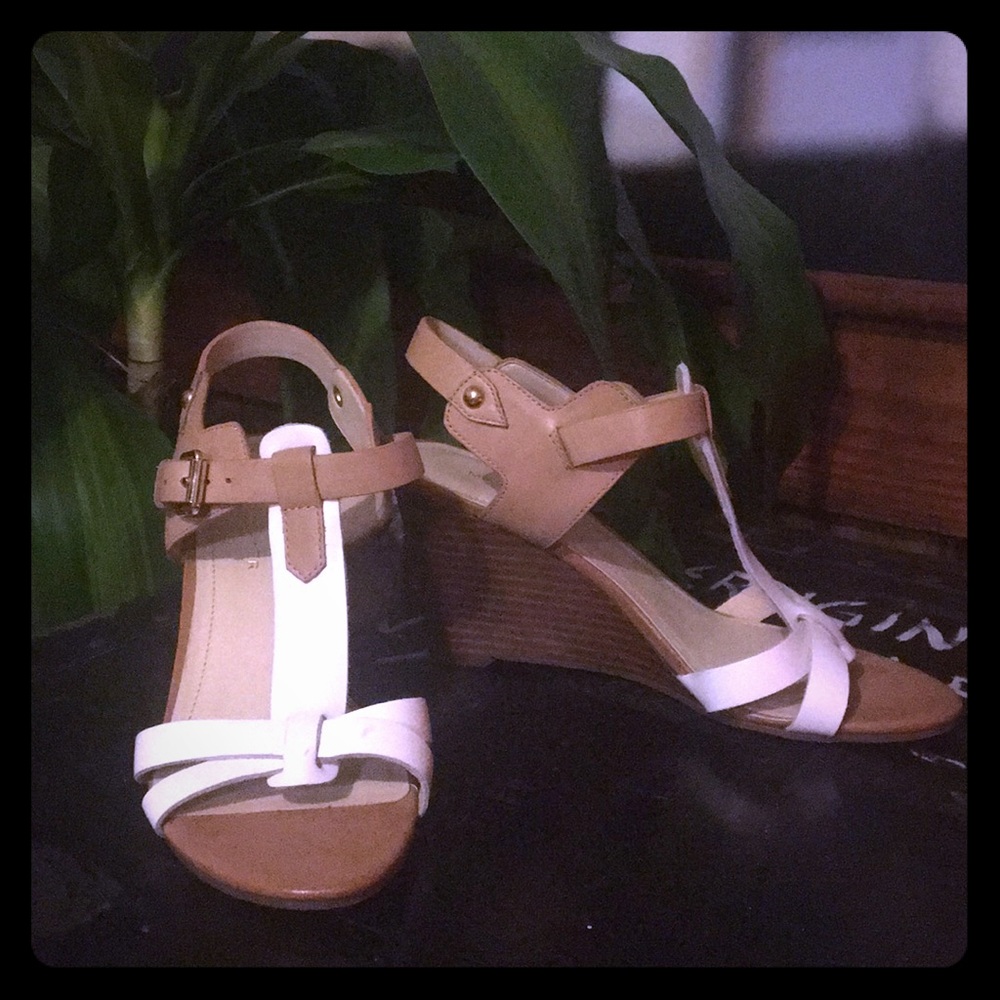 Marc Fisher White and Tan Wedges with Wooden Heel